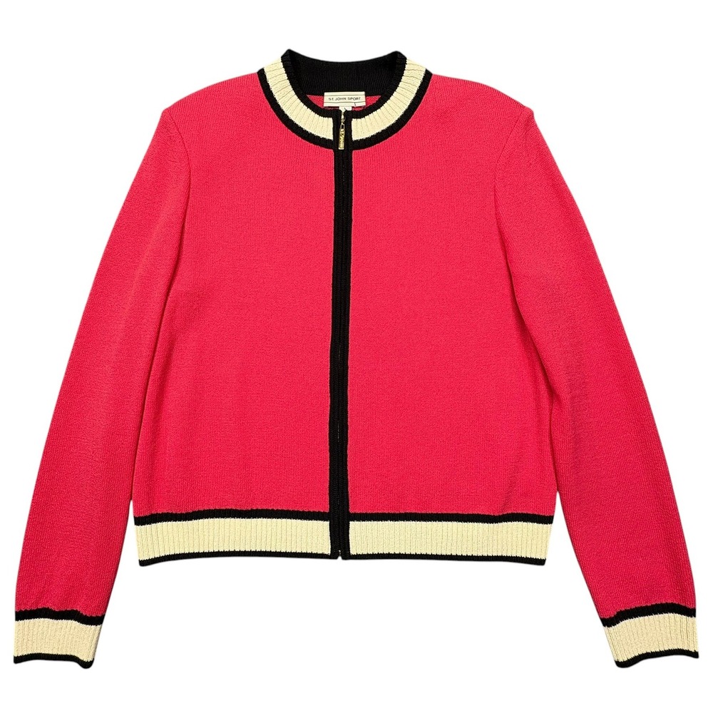 St John Sport Riri Full Zip Cardigan Sweater Womens L Red Raspberry Wool Blend